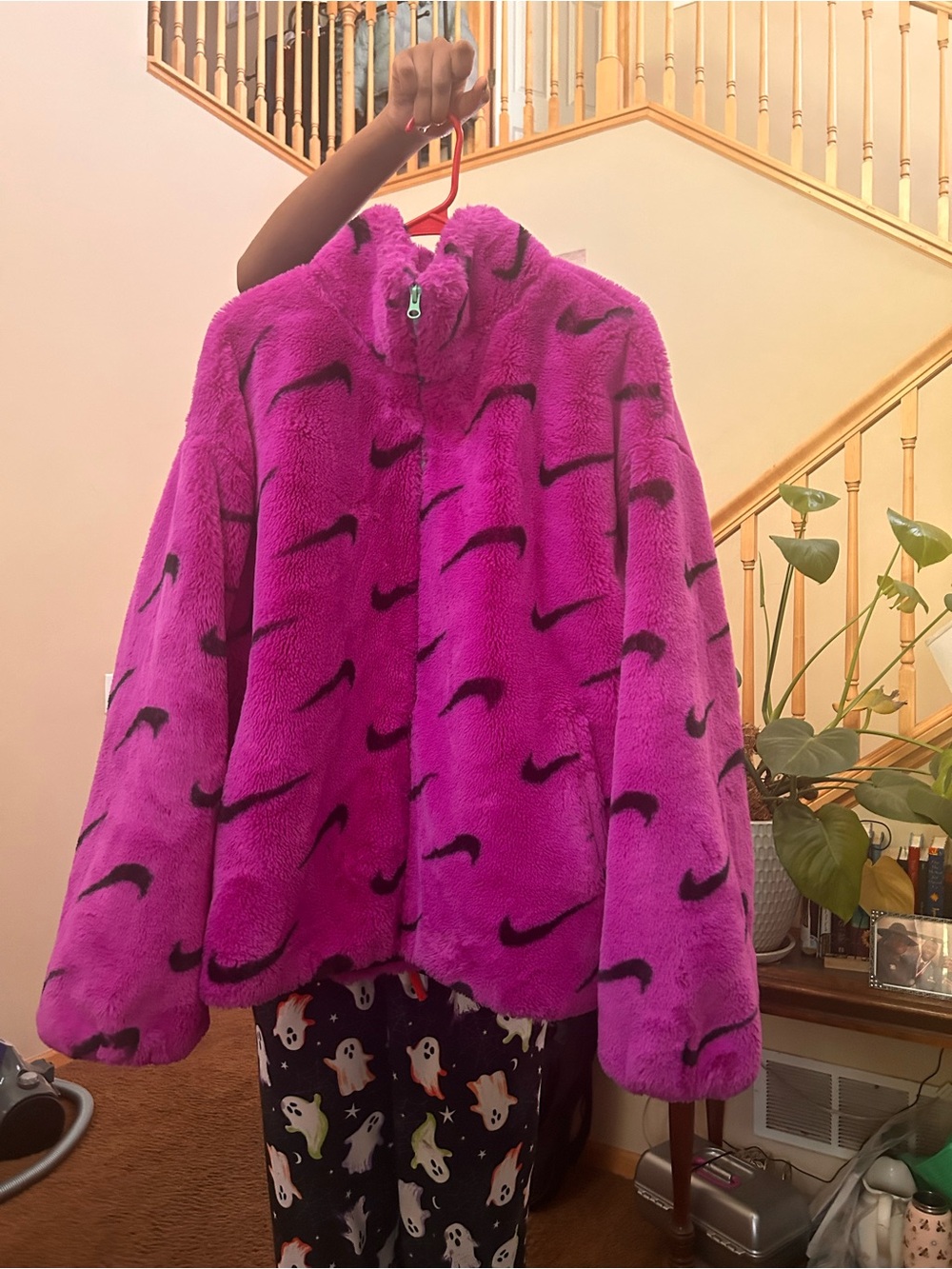 Nike Bright Pink Plush Fleece Puffer Jacket with Swoosh Print